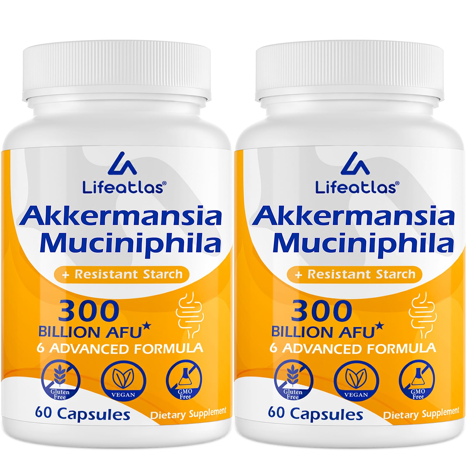 Lifeatlas Akkermansia bottle front showing daily probiotic for gut health support.
