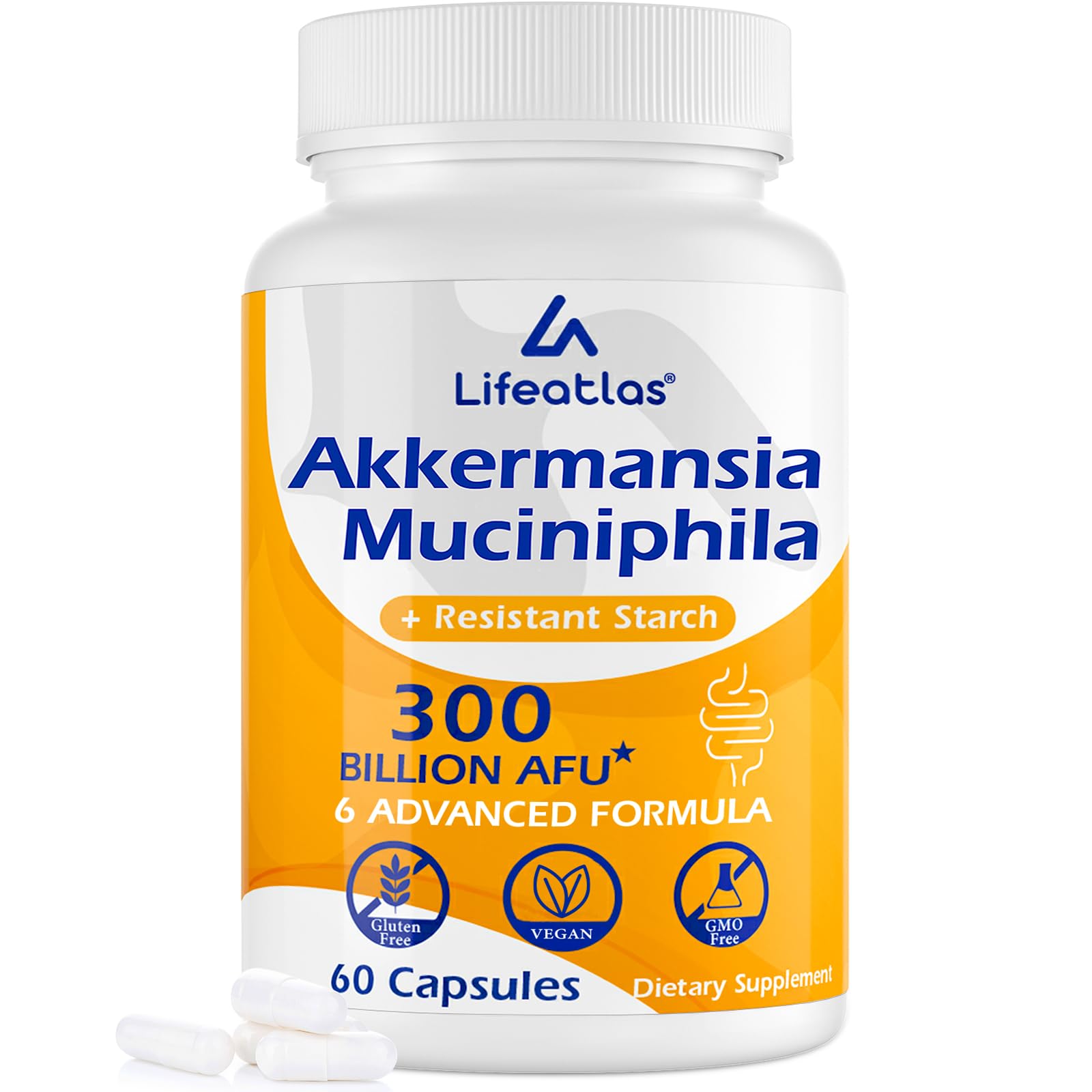 Lifeatlas Akkermansia bottle shows 60 capsules for daily gut support.