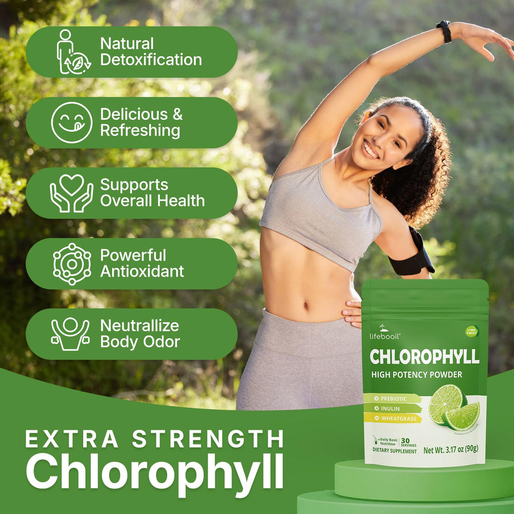 Close-up of Lifebooil Chlorophyll Powder in a glass for a green energy vibe