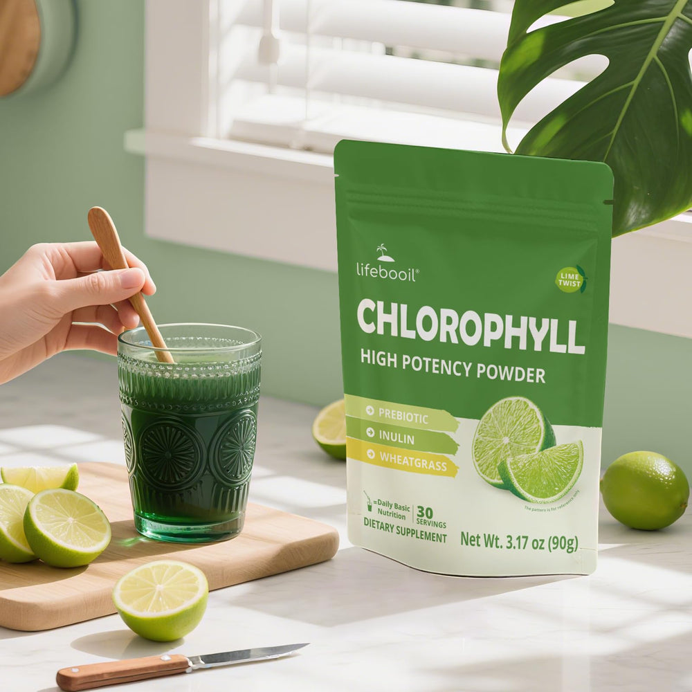 Ingredients panel shows lime twist flavor for Lifebooil Chlorophyll Powder