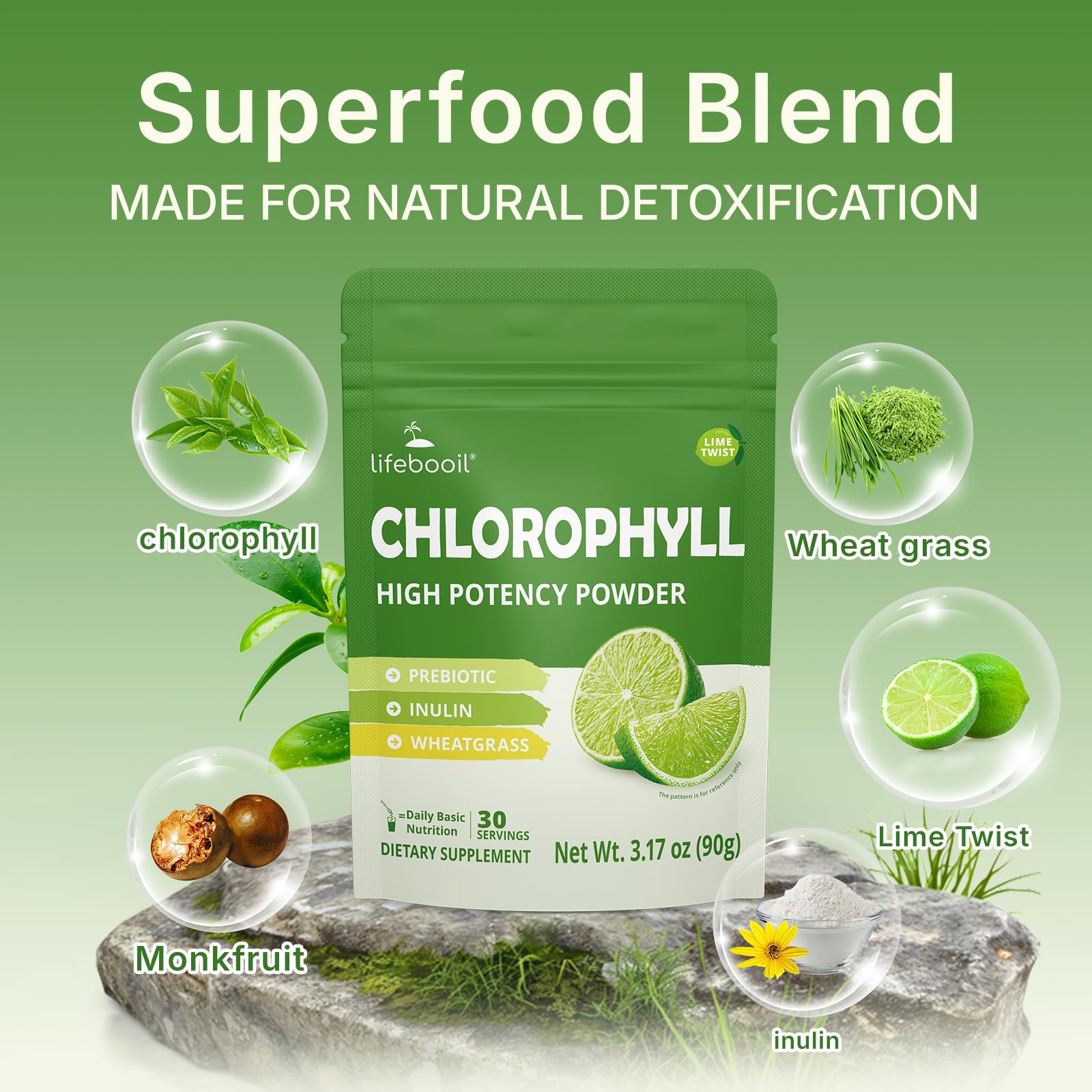 Measuring scoop emphasizes easy daily use of Lifebooil Chlorophyll Powder