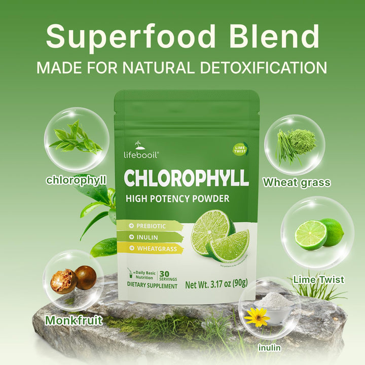 Measuring scoop emphasizes easy daily use of Lifebooil Chlorophyll Powder