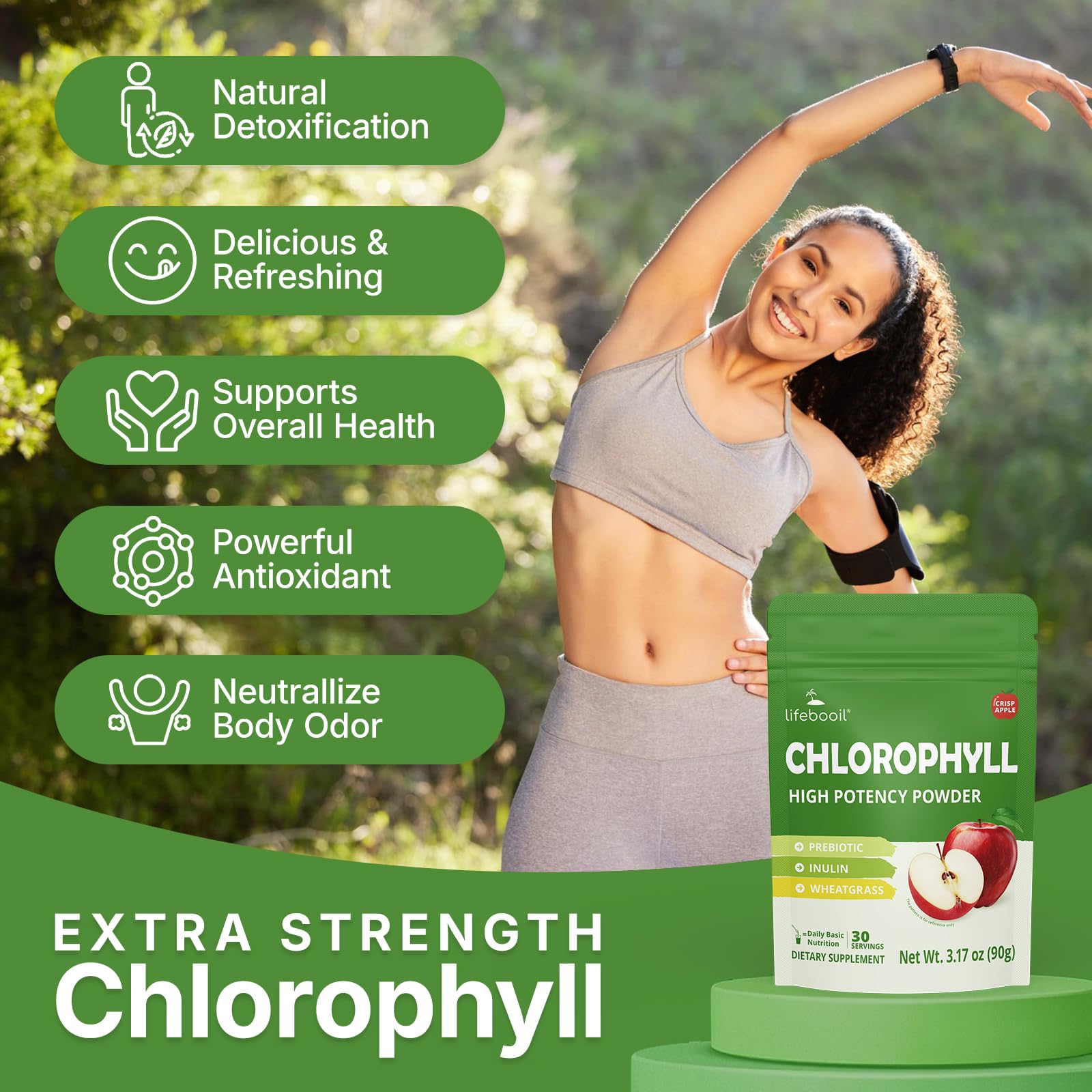 Lifebooil chlorophyll powder stirred into a glass for a daily energy lift.