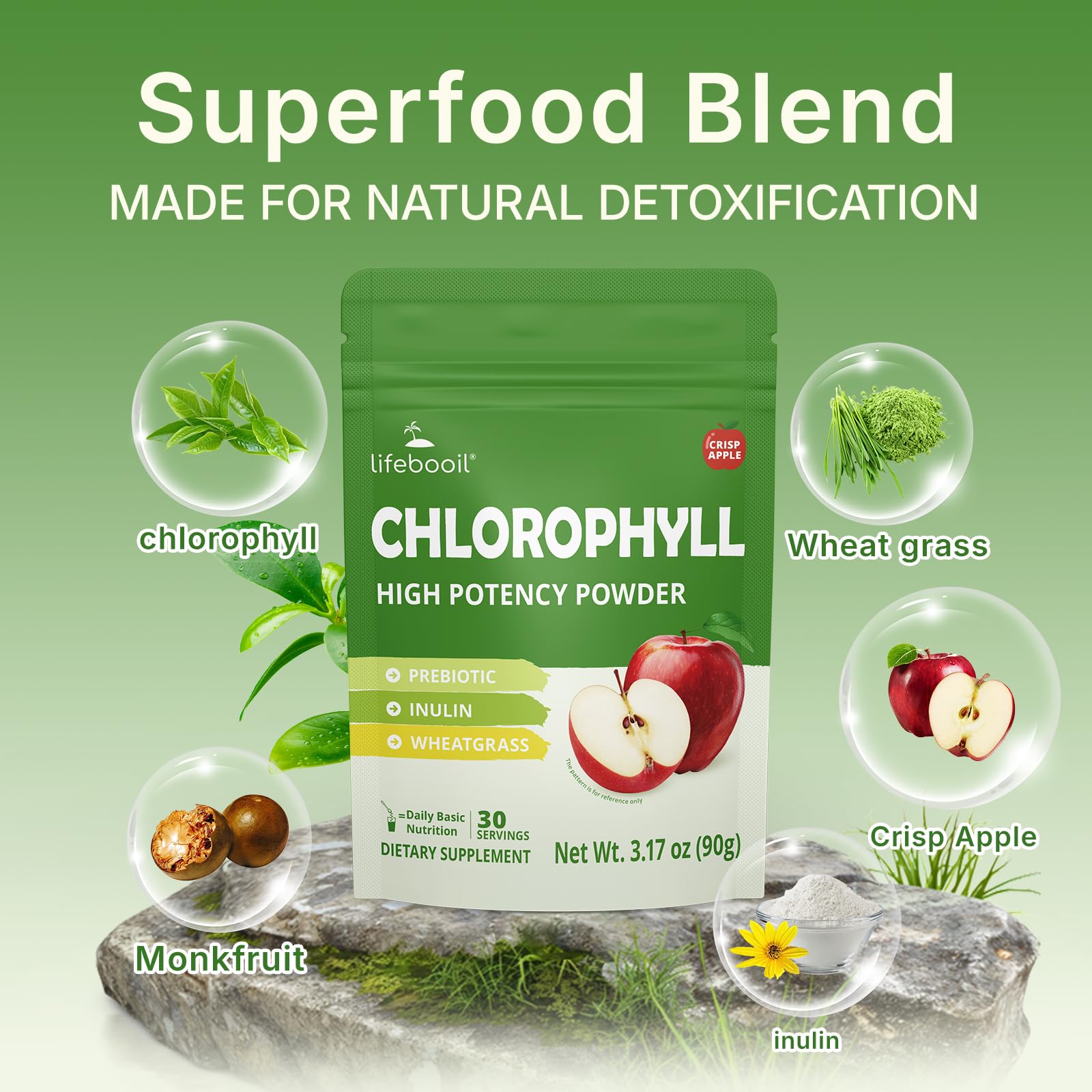 Glass of green hydration with Lifebooil chlorophyll powder delivering natural energy.