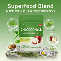 Glass of green hydration with Lifebooil chlorophyll powder delivering natural energy.