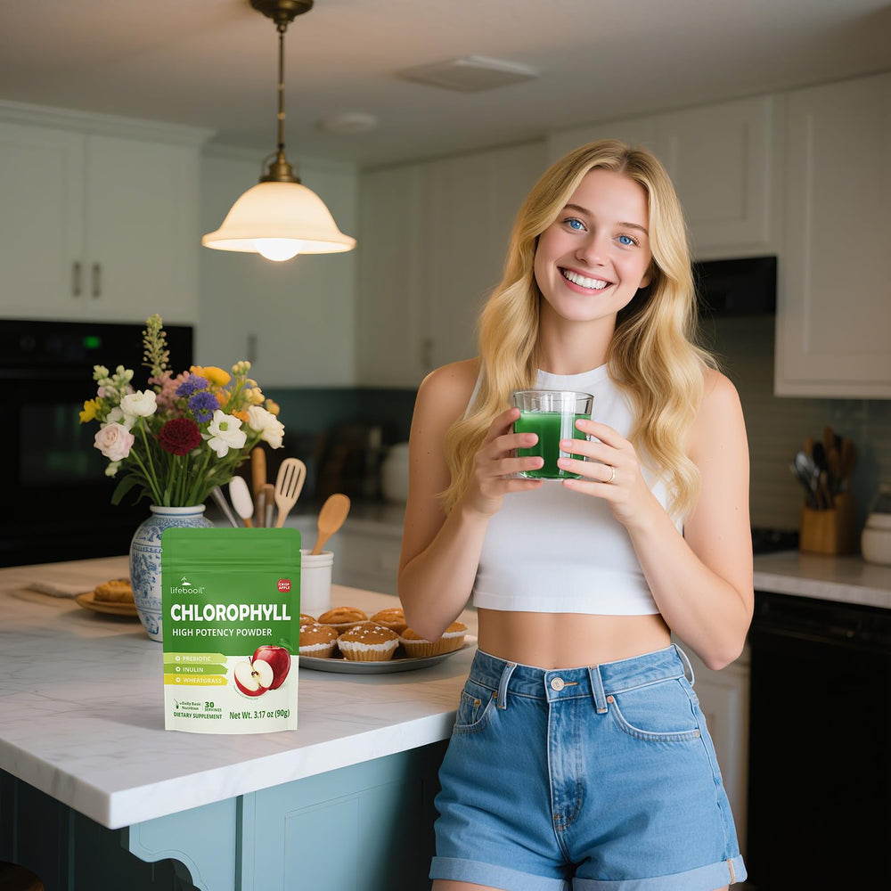 Pouring Lifebooil powder into water for a smooth, earthy green beverage.