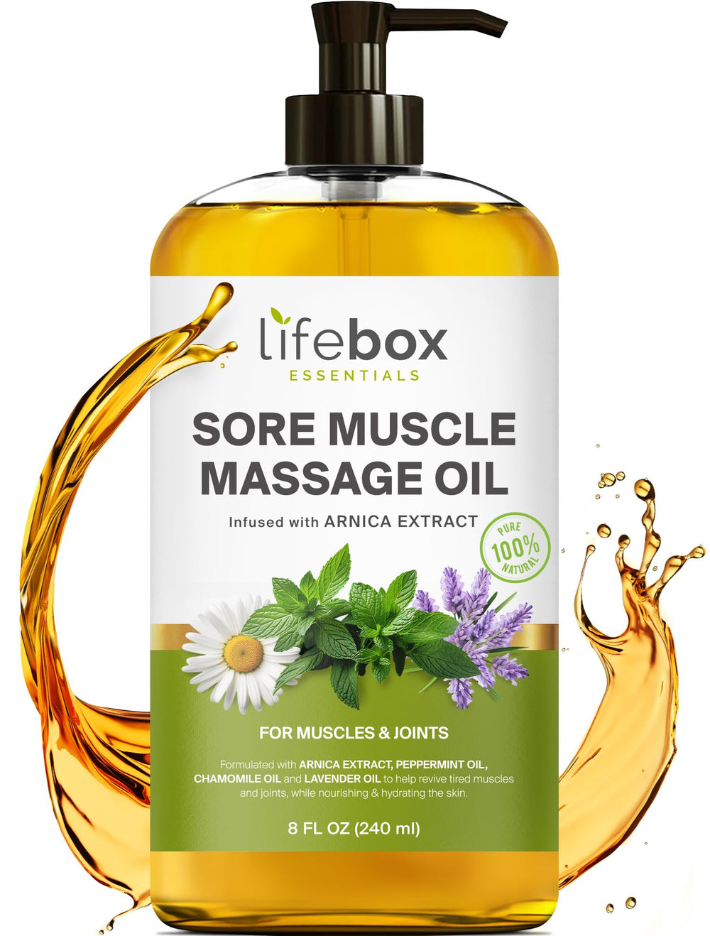 Lifebox Essentials arnica massage oil bottle ready for sore muscle relief.