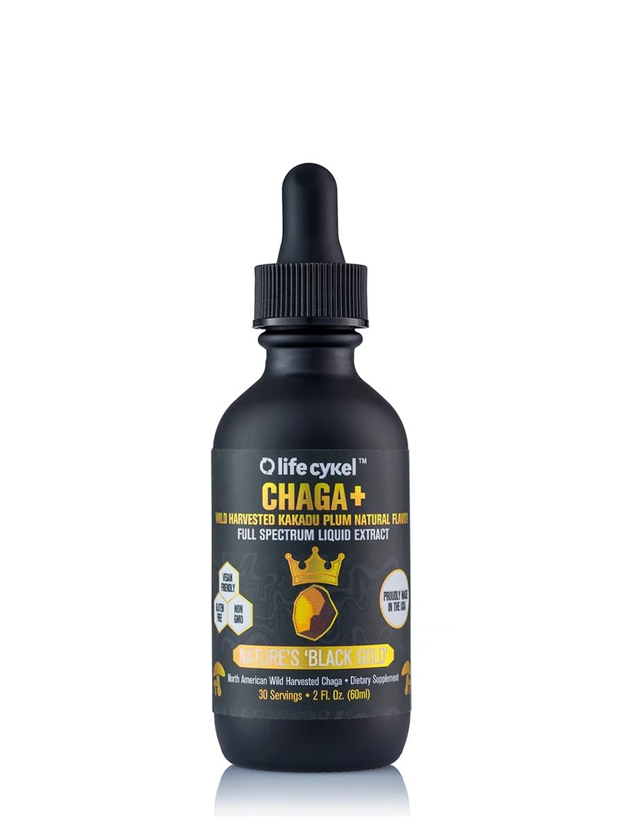 Life Cykel chaga extract bottle highlights antioxidant power for daily wellness.