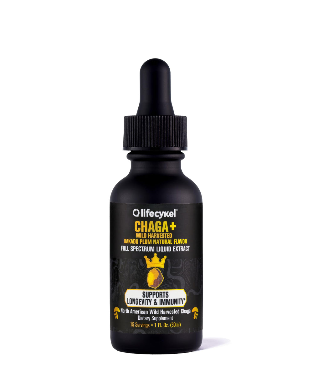 Life Cykel chaga extract bottle highlighting antioxidant-rich formula for daily vitality.