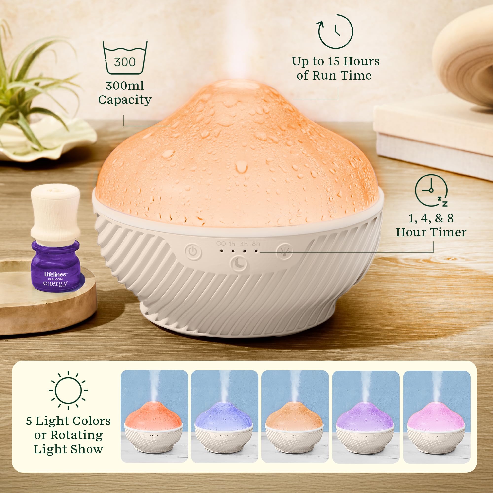 Lifelines Cloud Diffuser showing 8-hour timer function for steady diffusion