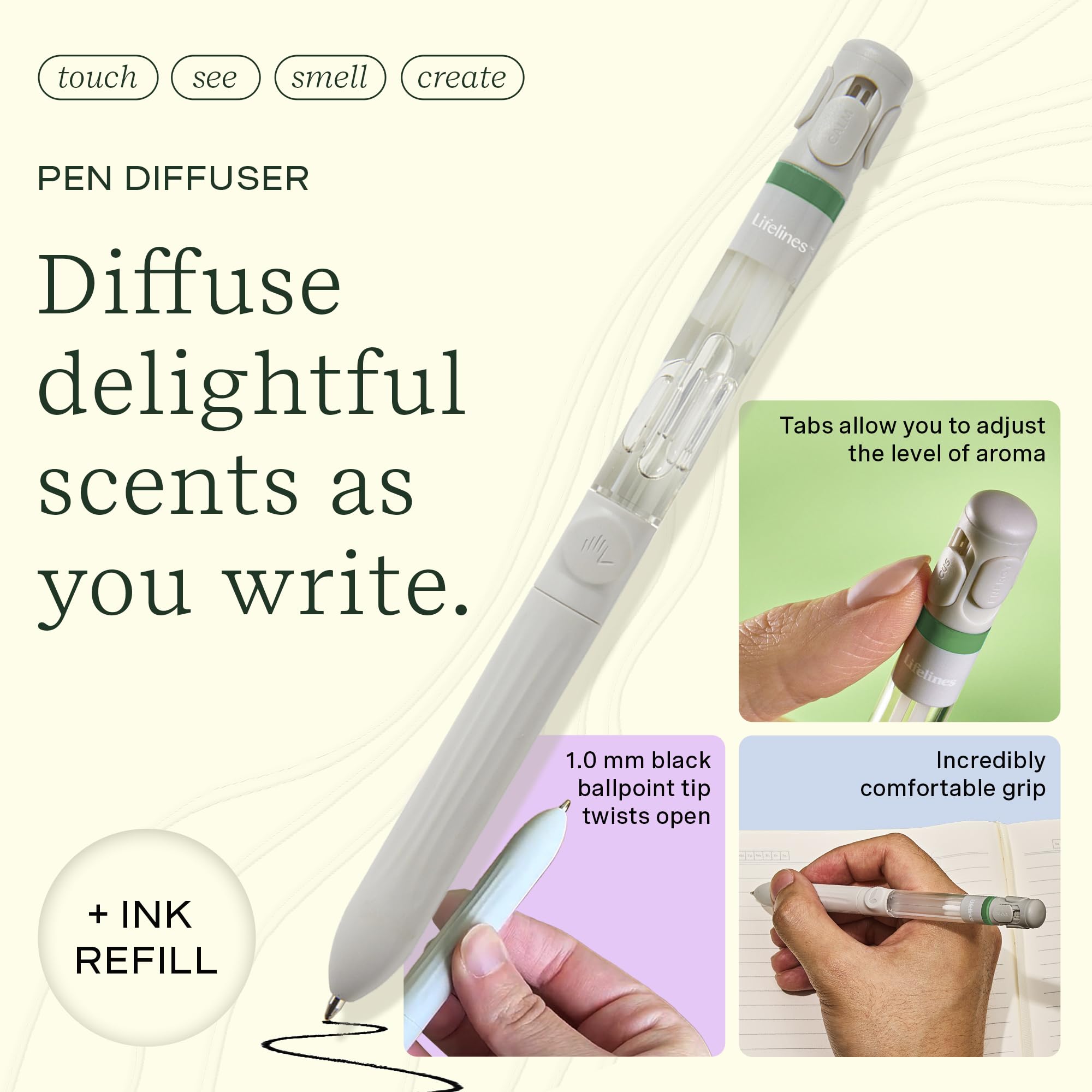 Lifelines Pen Diffuser close-up on the 1mm black tip improves grip during writing.