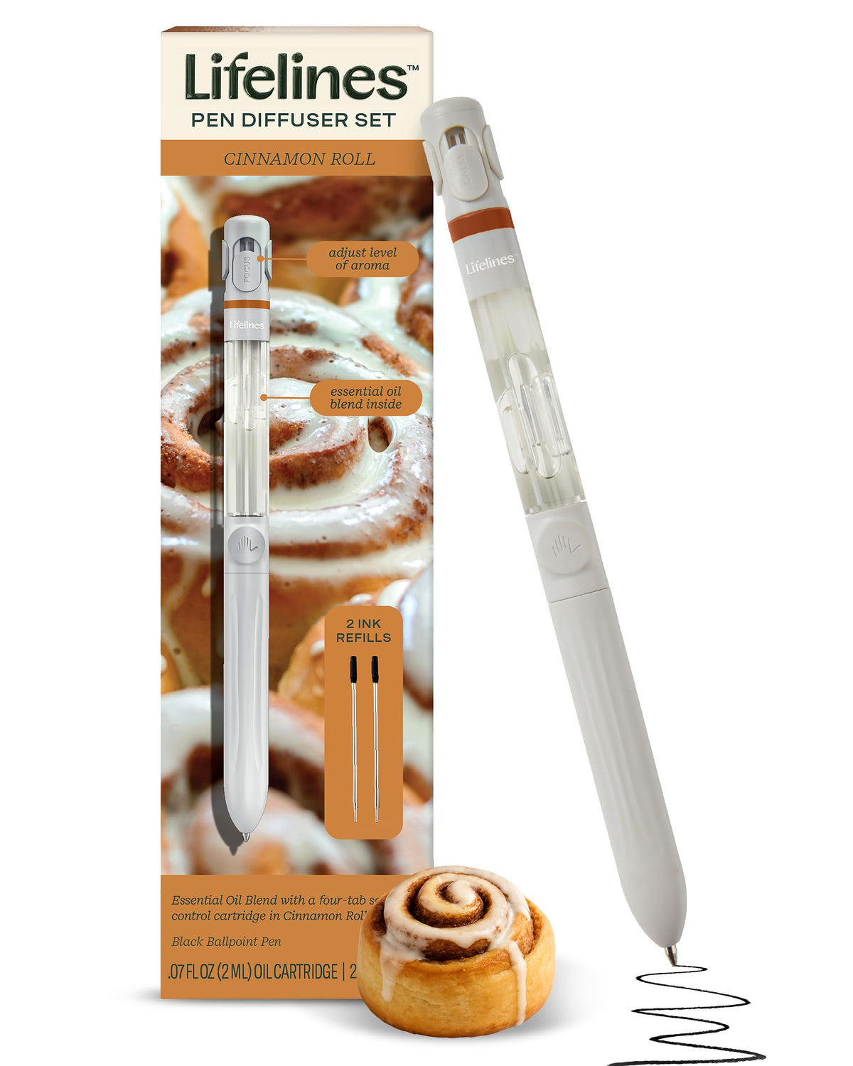 Lifelines pen diffuser Cinnamon Roll close-up showing aroma-enhanced writing session.