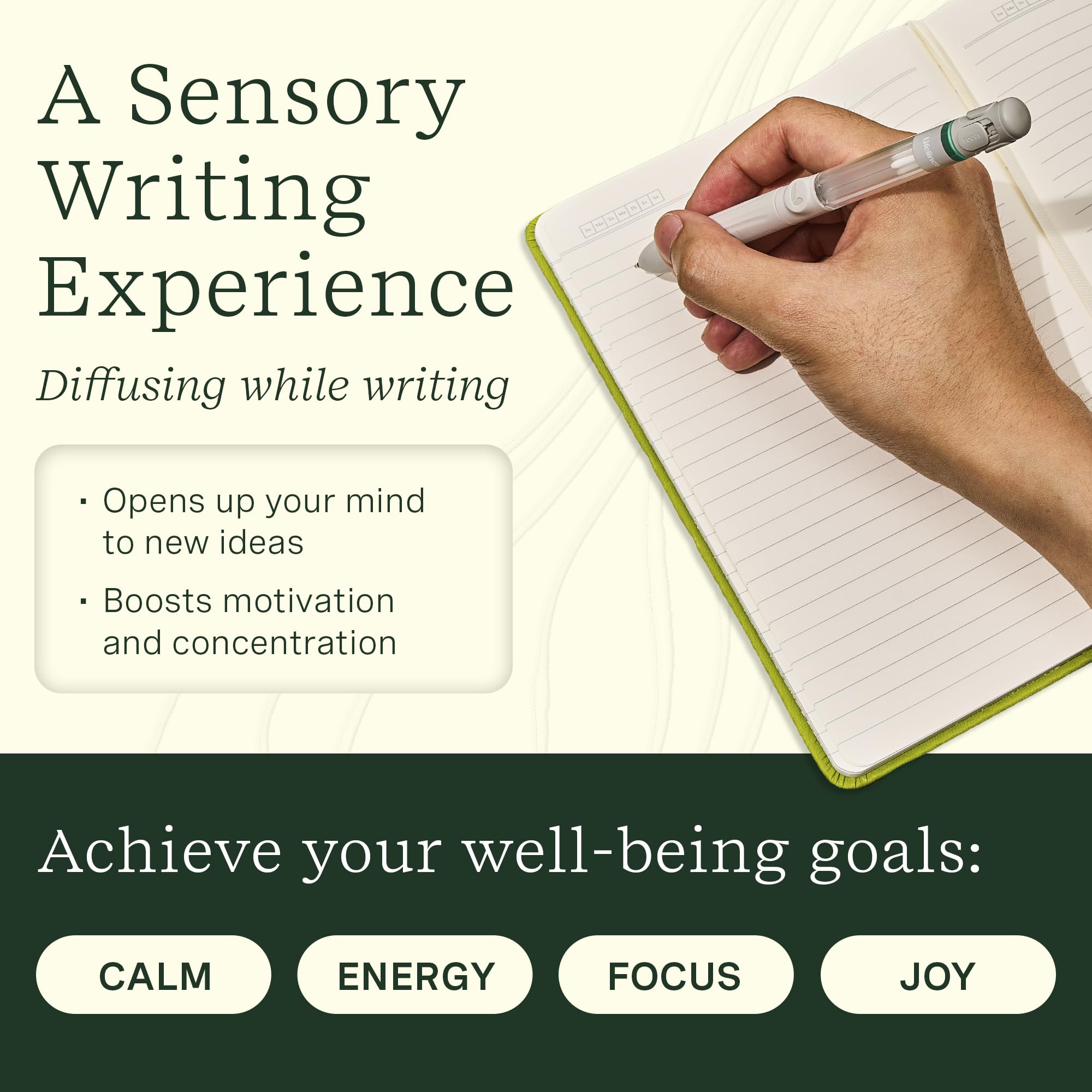 Lifelines Pen Diffuser ink refill visible, enabling longer writing sessions with aroma.