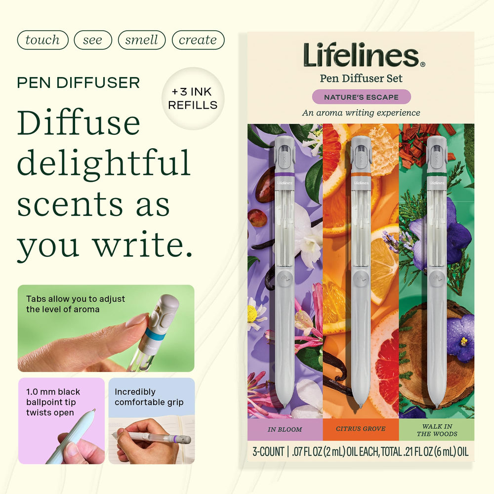 Lifelines Pen Diffuser Set ink refills shown to support long writing sessions with aroma.