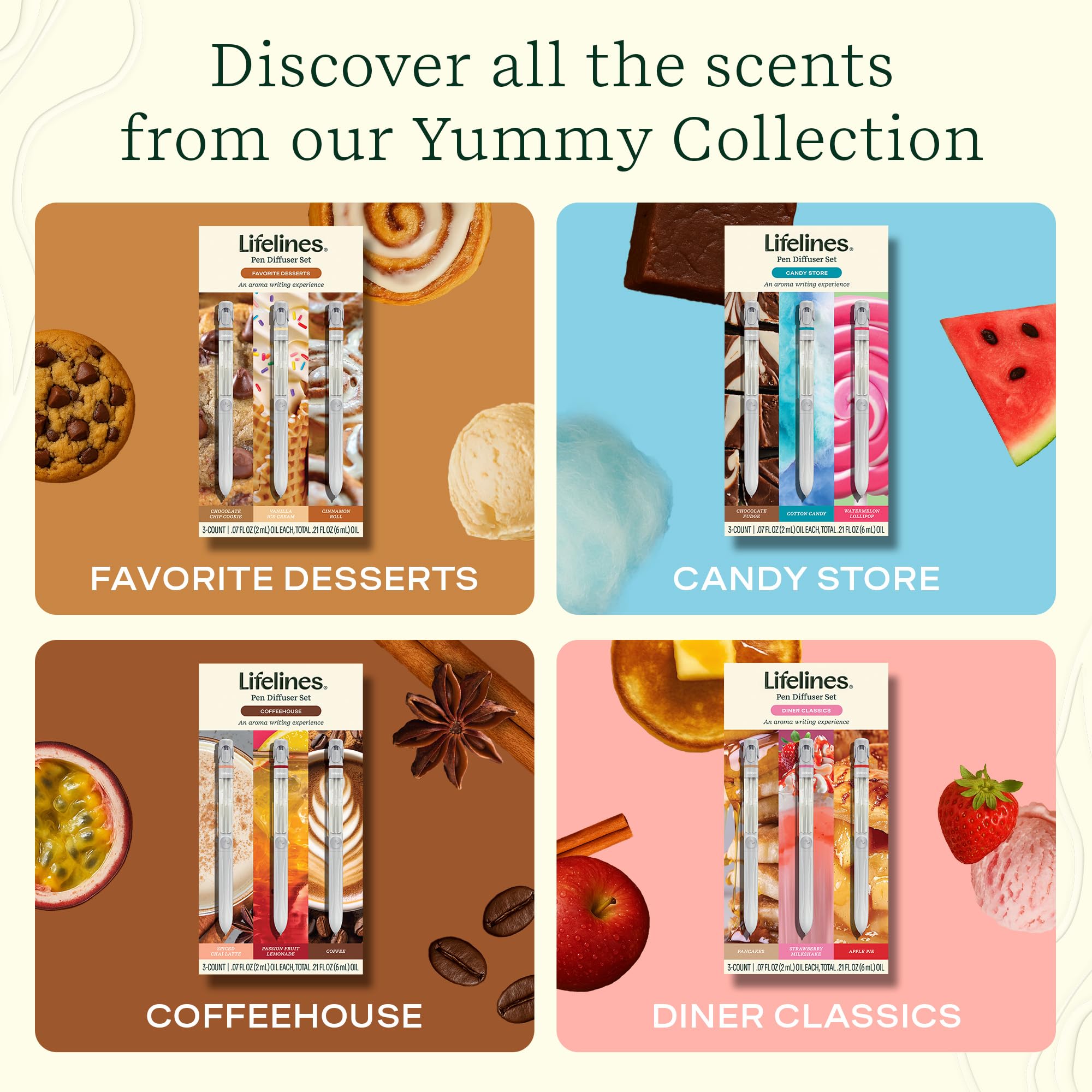Lifelines Yummy Collection scents displayed for various mood-enhancing options.
