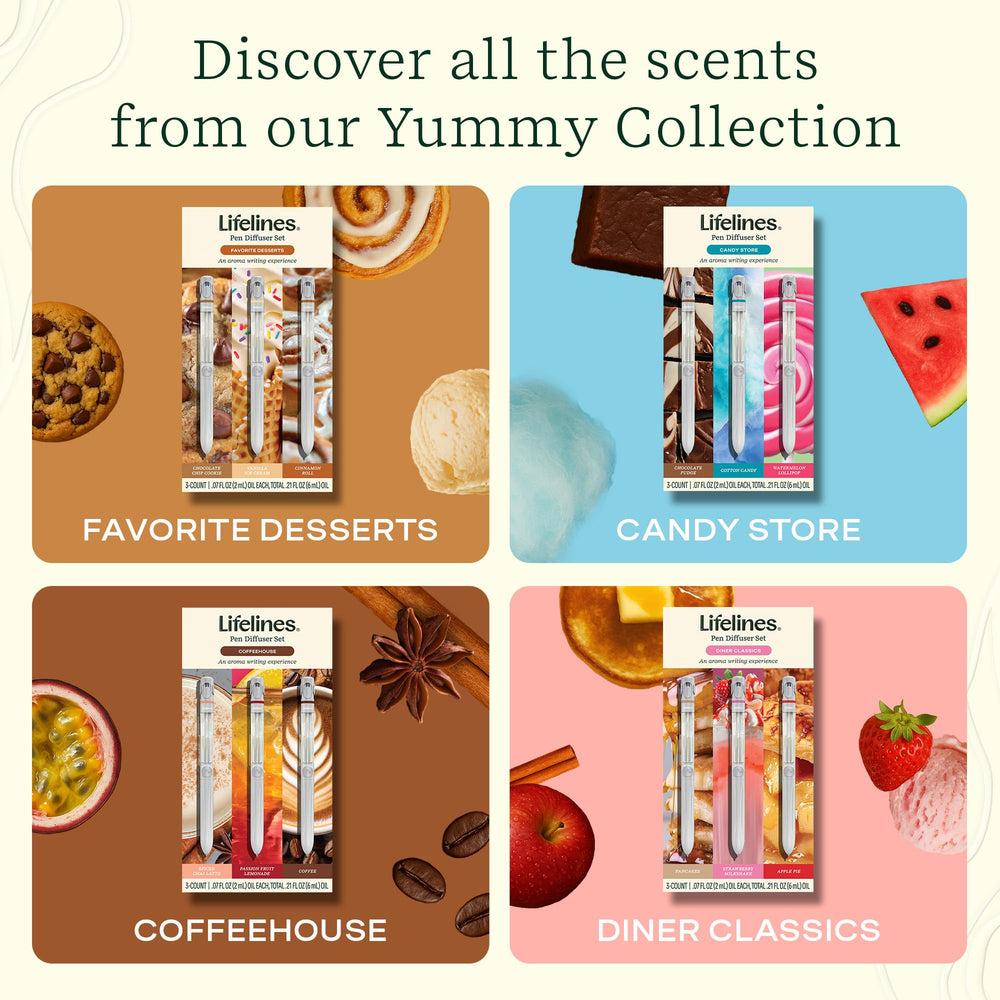 Lifelines Yummy Collection scents displayed for various mood-enhancing options.