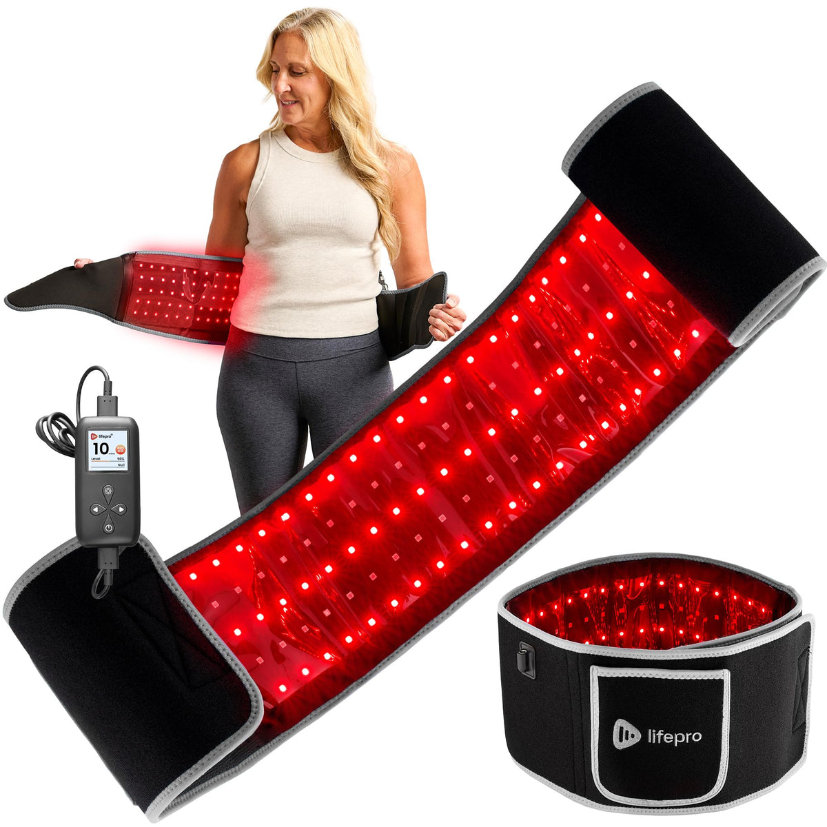 LifePro red light therapy belt close-up showing LED panel for portable relaxation