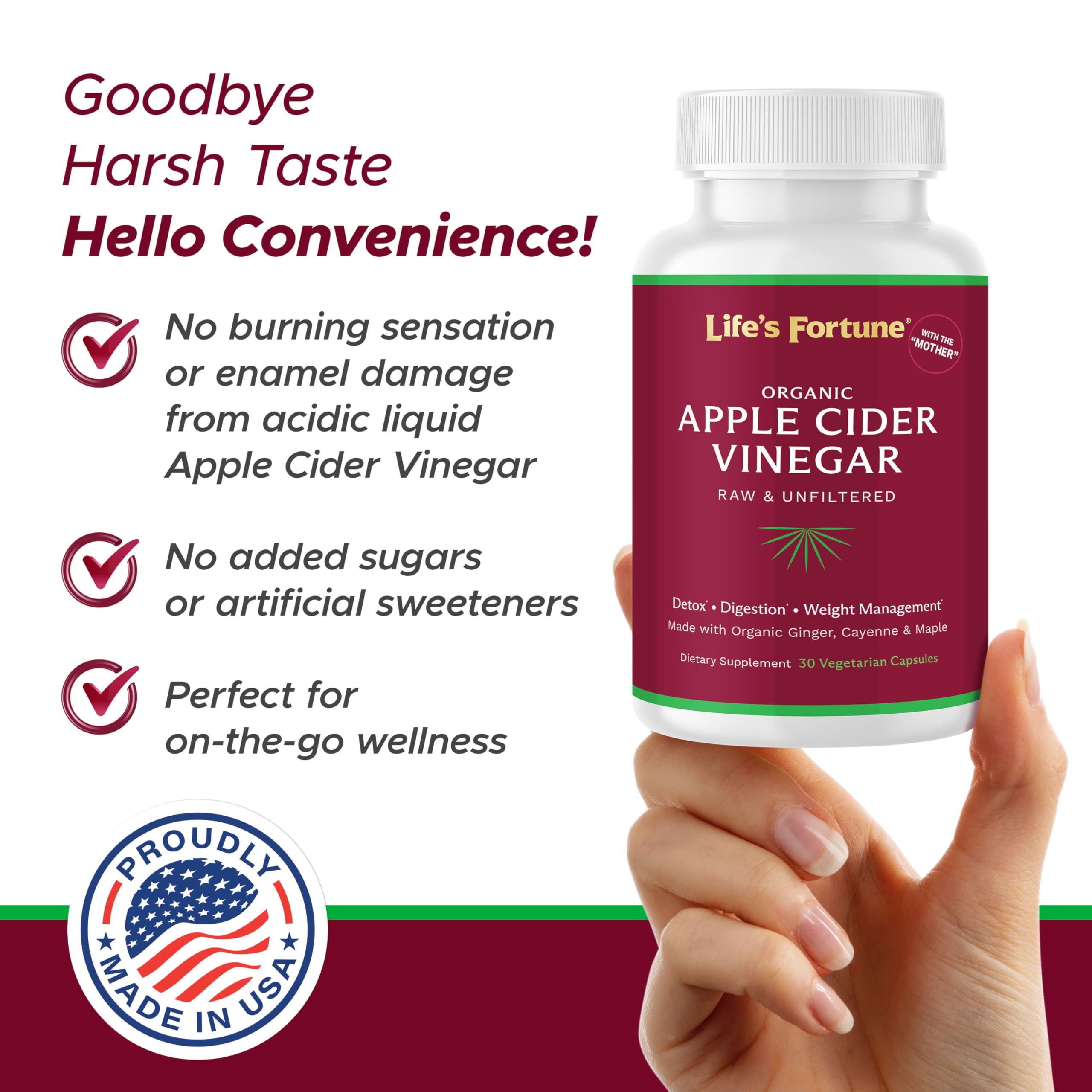Life's Fortune ACV capsules with ginger and cayenne blend shows gentle spice for routines.
