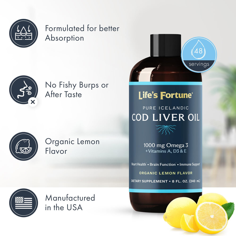 Life's Fortune cod liver oil liquid organic label emphasizes certified organic quality
