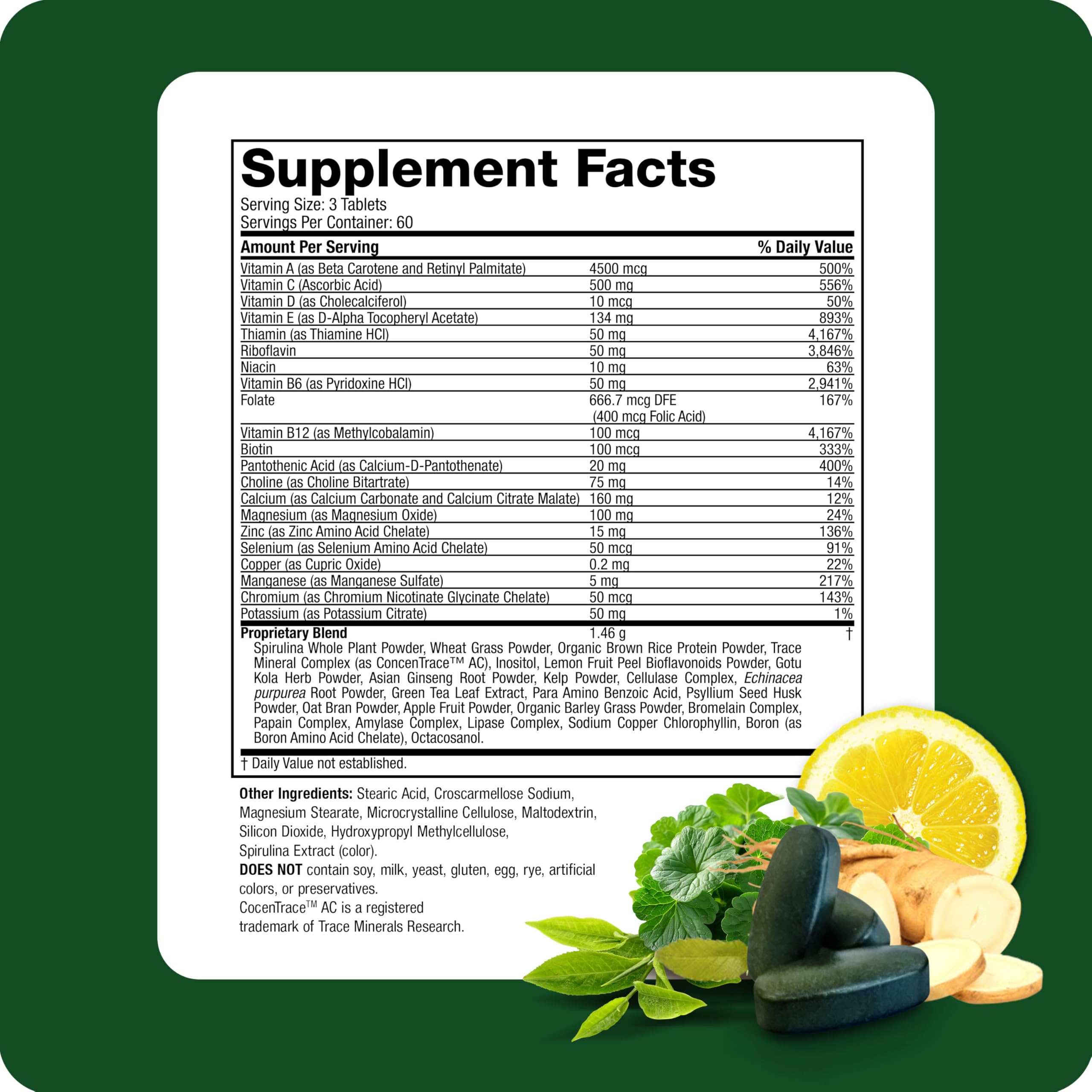 Life's Fortune green ingredients lineup featuring spirulina and green tea.