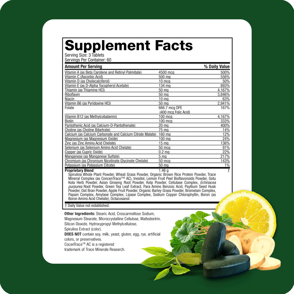 Life's Fortune green ingredients lineup featuring spirulina and green tea.