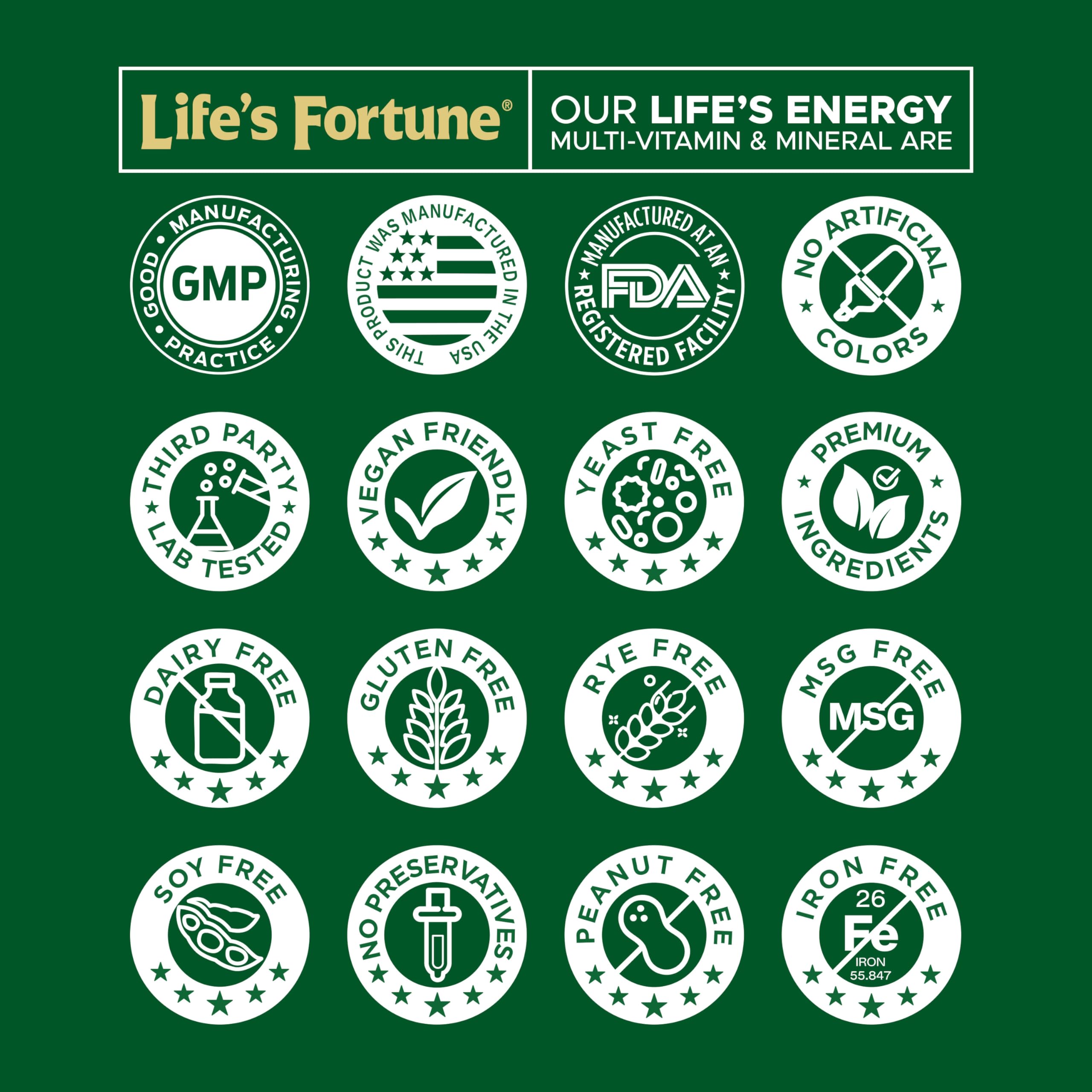 Life's Fortune Iron-free vegetarian tablets in a 60-count bottle.
