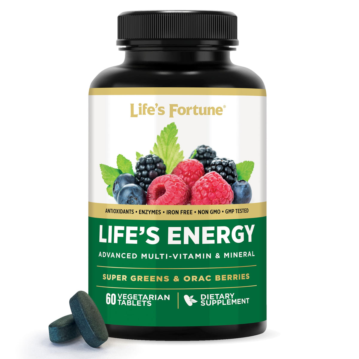 Life's Fortune Life Energy bottle front showing daily vitality greens.