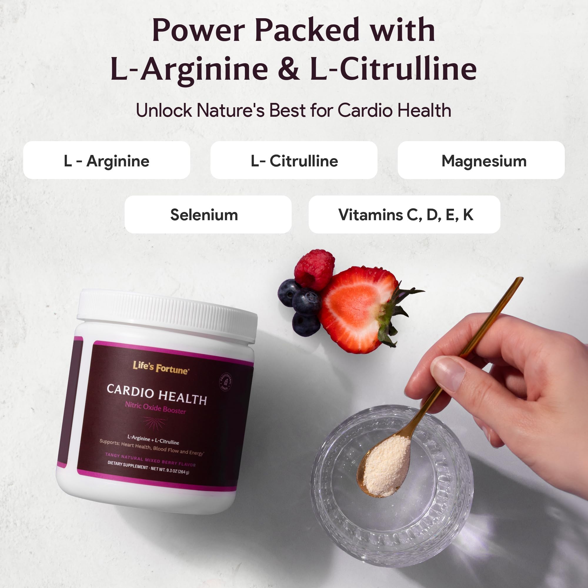 Life's Fortune measuring spoon shows accurate daily servings for consistency.