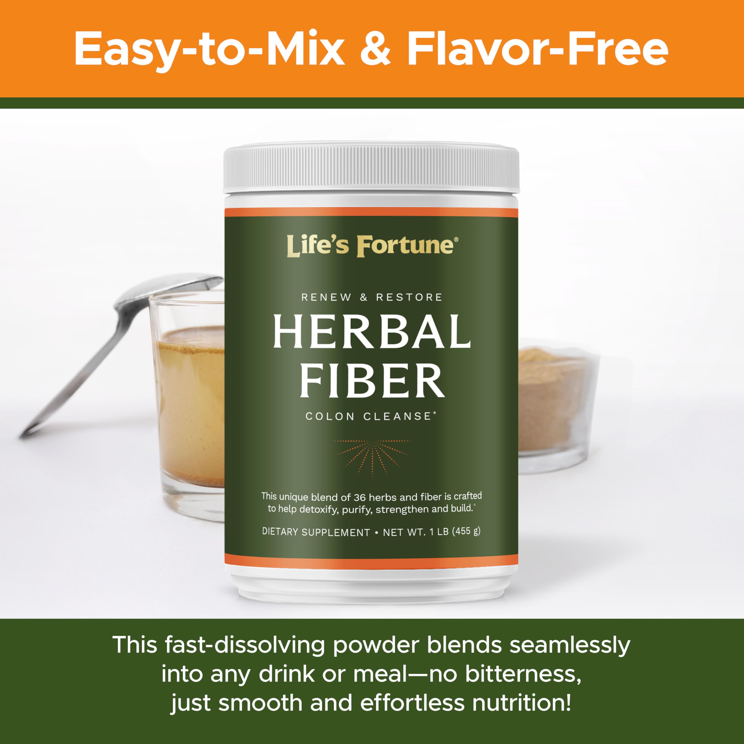 Life's Fortune herbal fiber powder back label with usage details for gut support
