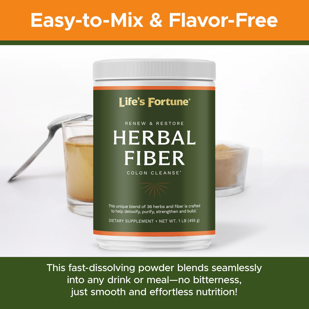 Life's Fortune herbal fiber powder back label with usage details for gut support