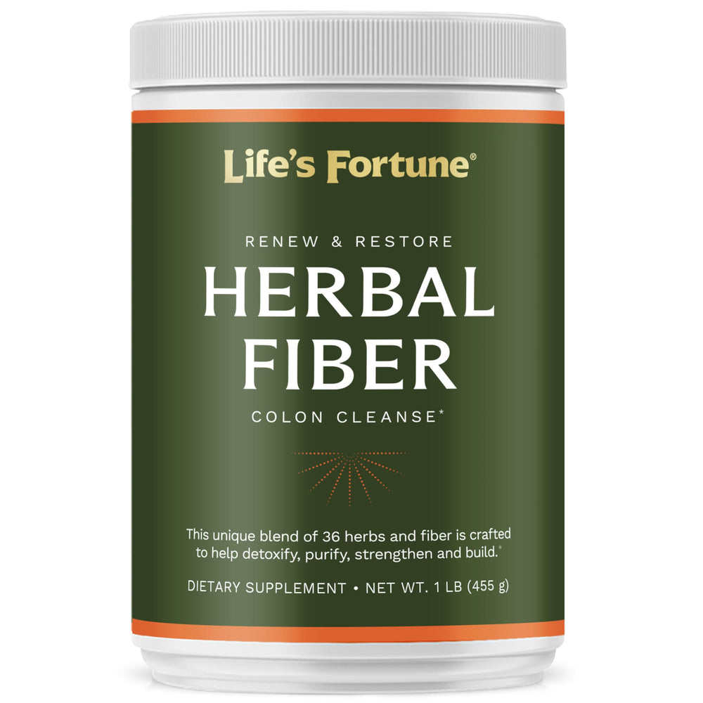 Life's Fortune organic herbal fiber powder front label highlighting natural ingredients for digestive wellness