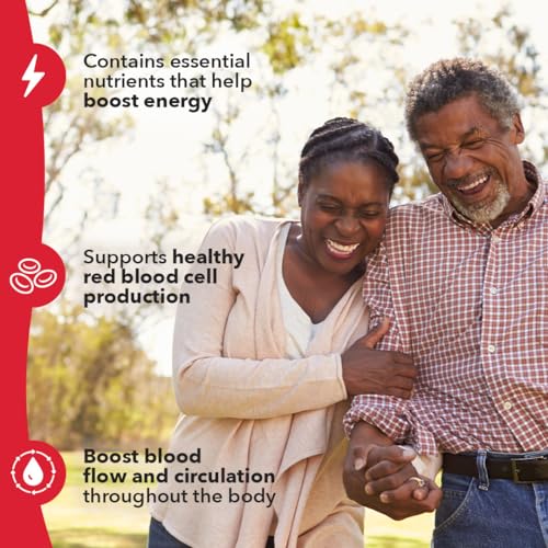 Ingredients include iron, alfalfa, beetroot, and B12 for healthy blood support.