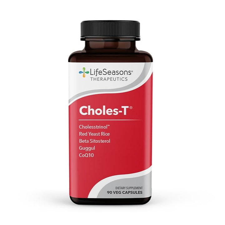 LifeSeasons Choles-T bottle label shows red yeast rice and CoQ10 for cholesterol support