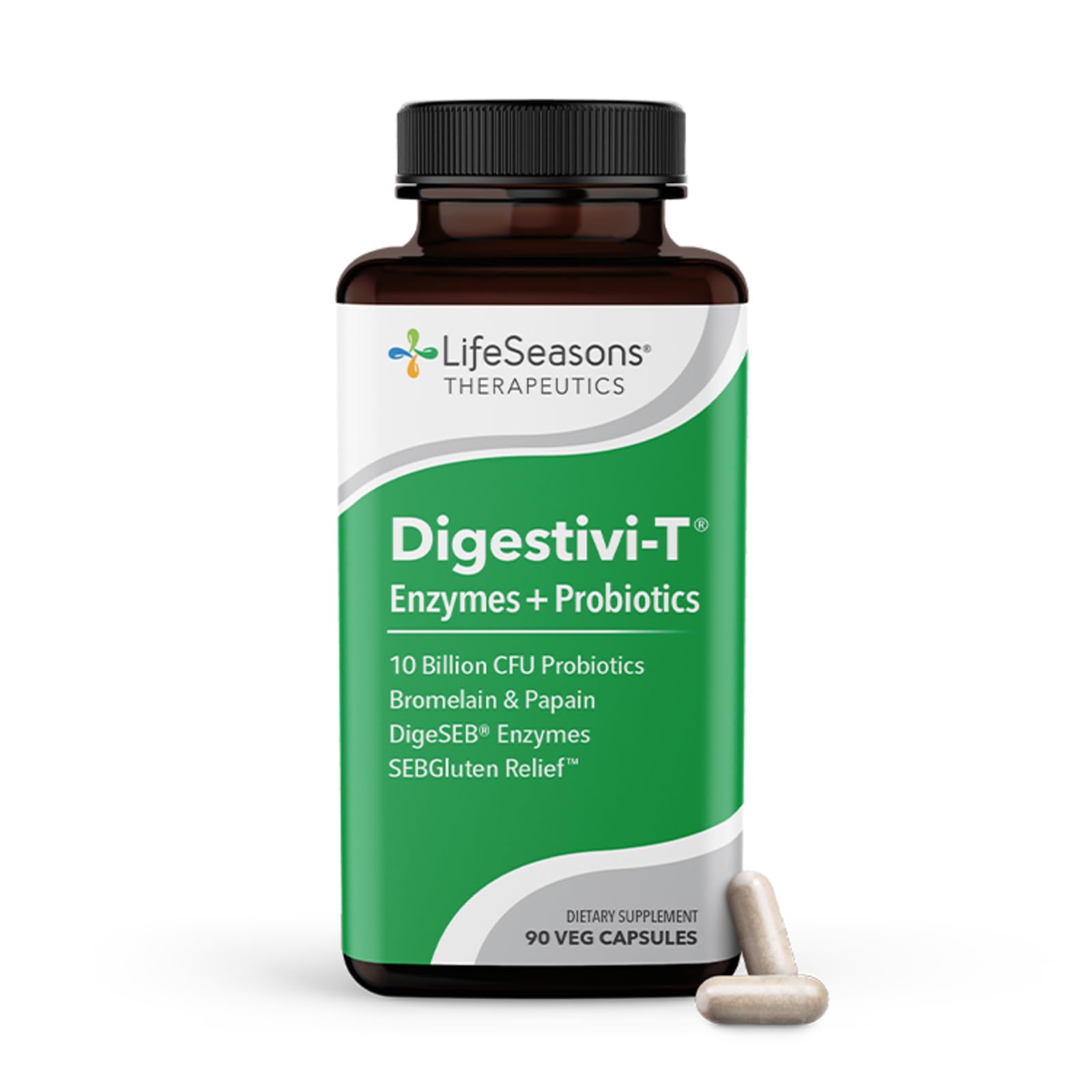 LifeSeasons Digestivi-T bottle with capsules for gentle digestion and post-meal comfort.