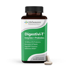 LifeSeasons Digestivi-T bottle with capsules for gentle digestion and post-meal comfort.