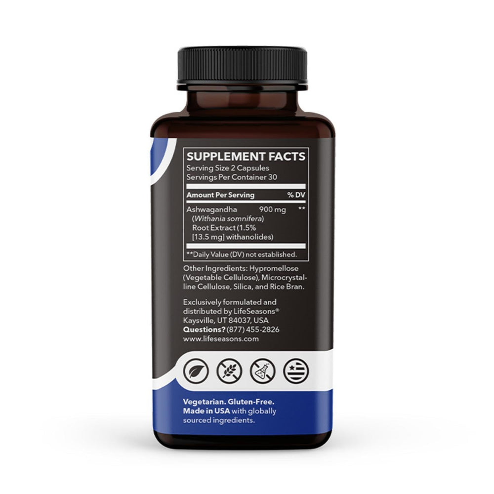 LifeSeasons Essentials bottle on nightstand suggesting sleep support
