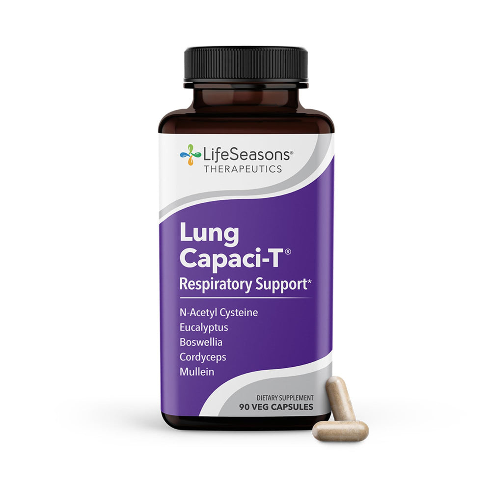 LifeSeasons Lung Capaci-T bottle front, highlighting respiratory support in daily life.