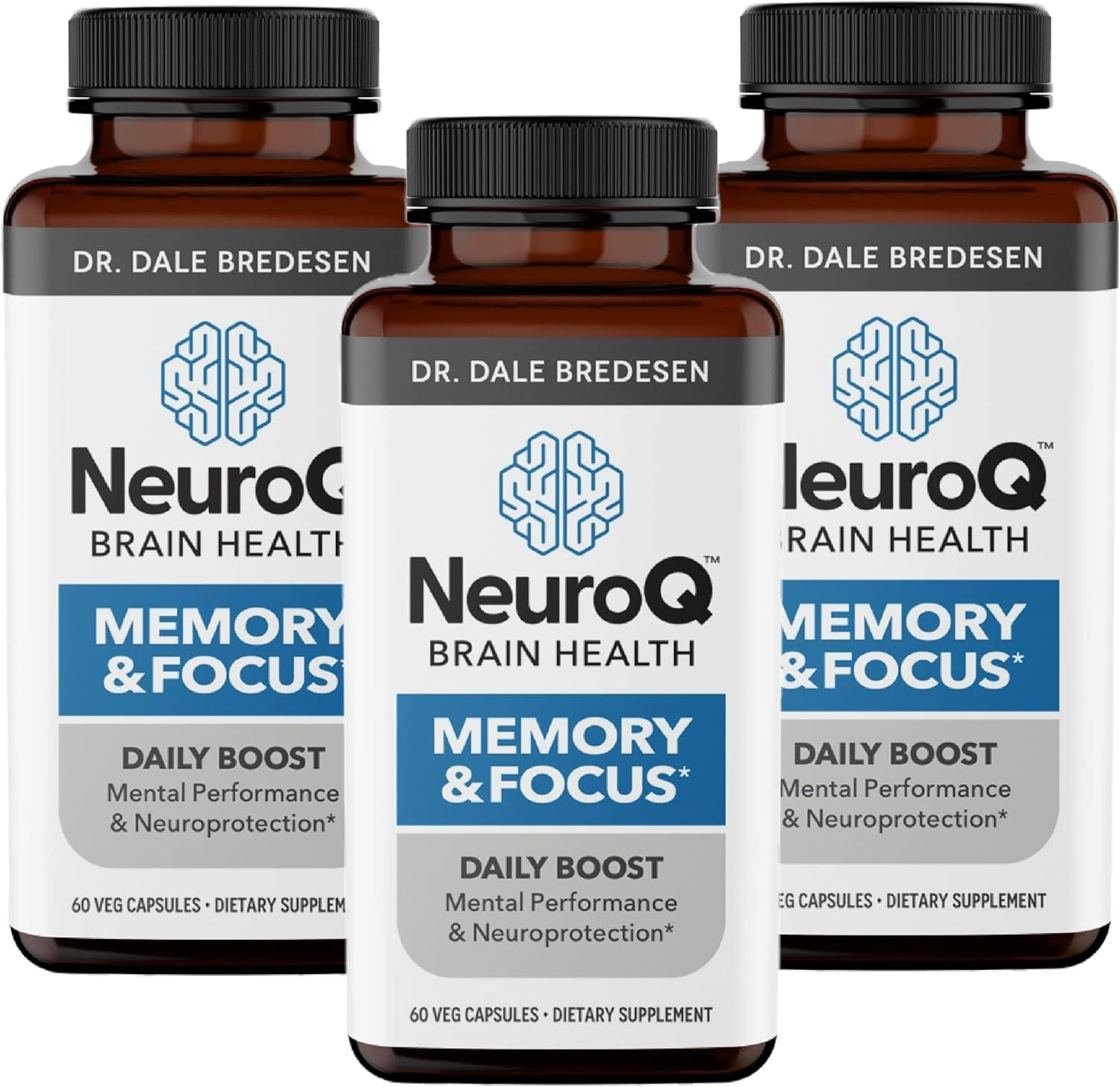 LifeSeasons NeuroQ bottle front with three-pack display for daily memory support.