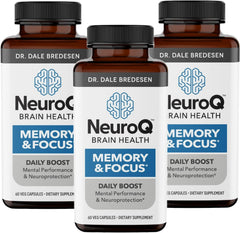 LifeSeasons NeuroQ bottle front with three-pack display for daily memory support.