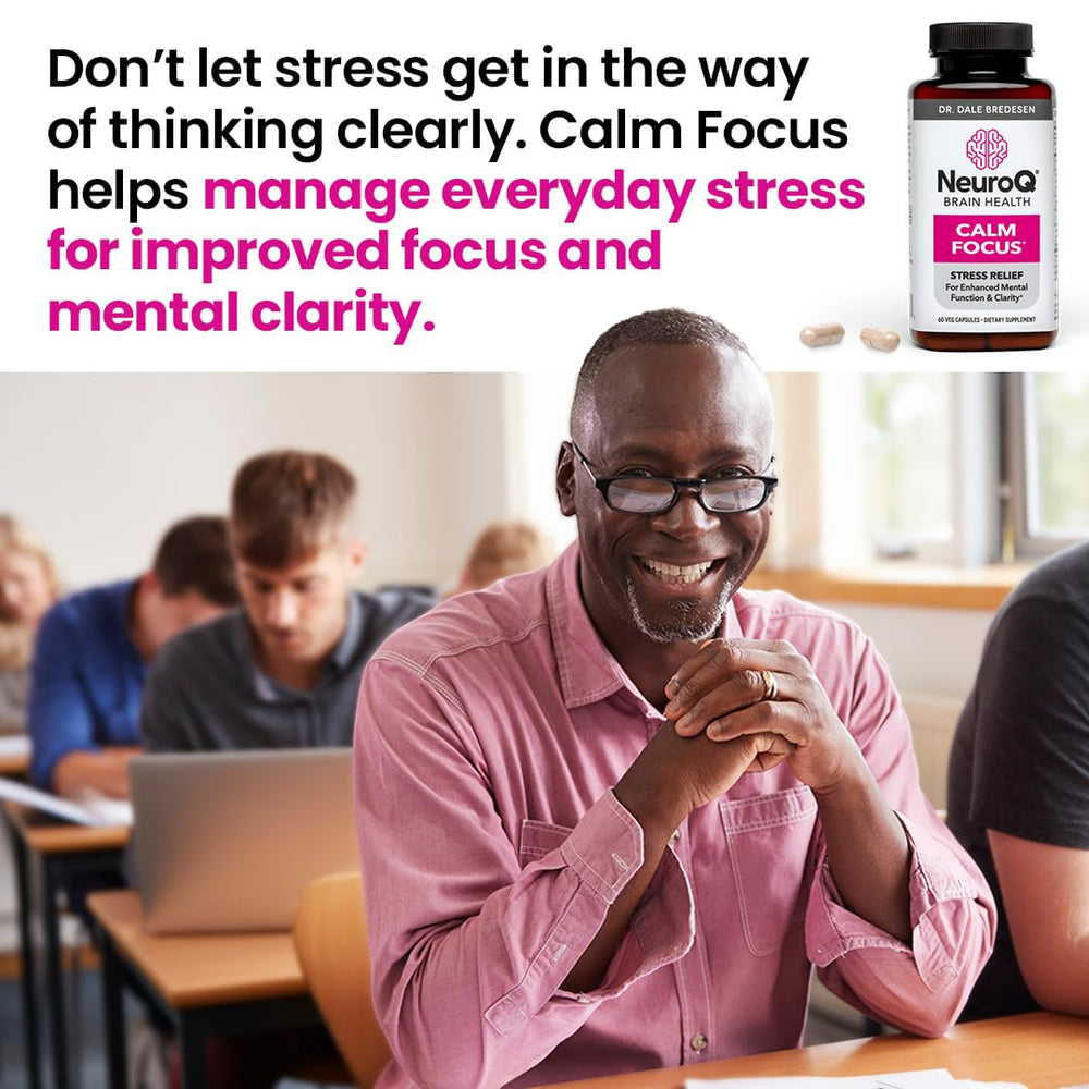 Close-up of NeuroQ Calm Focus label highlighting the mood-focused blend.