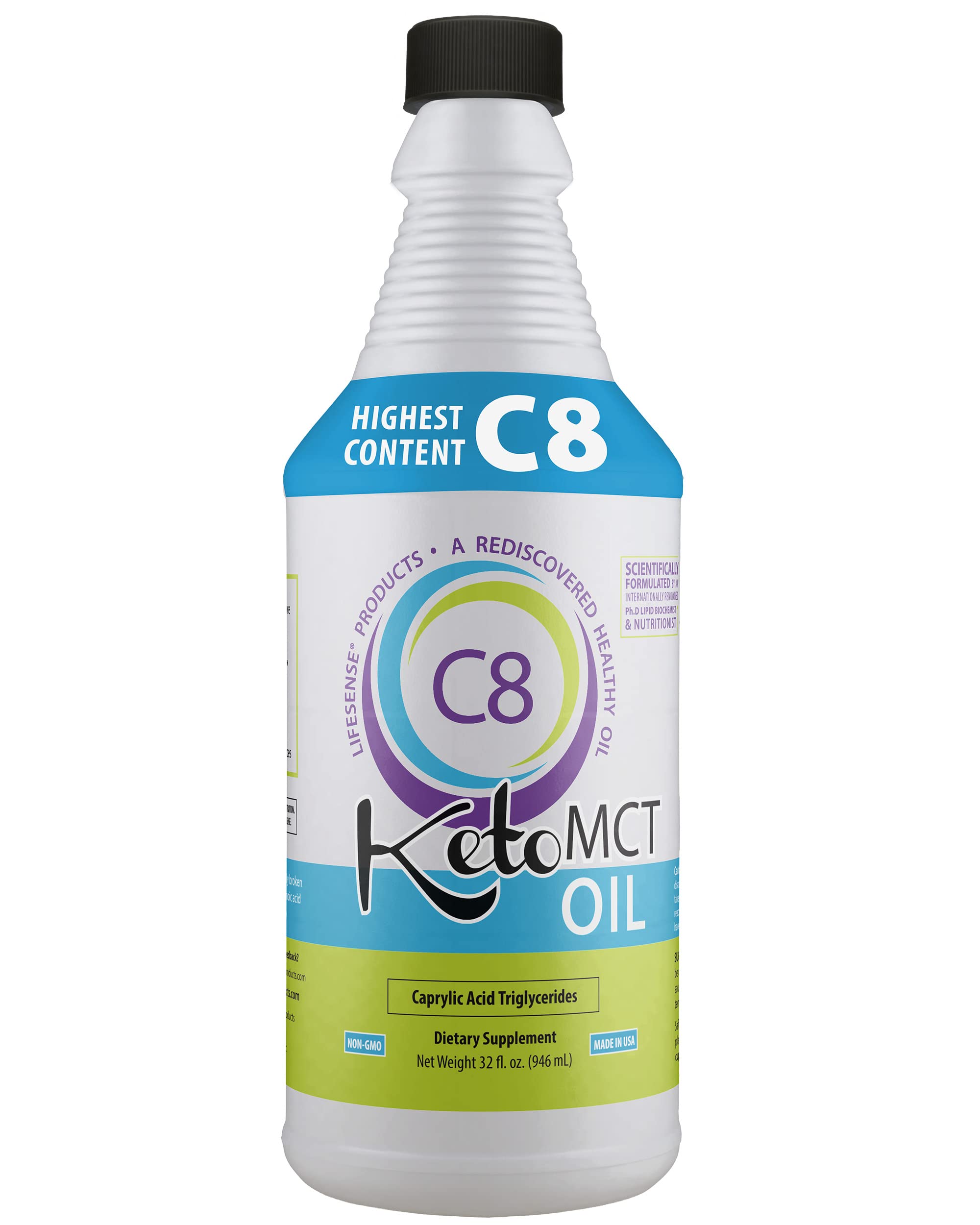 LifeSense C8 MCT Oil bottle on clean packaging for steady daytime energy.