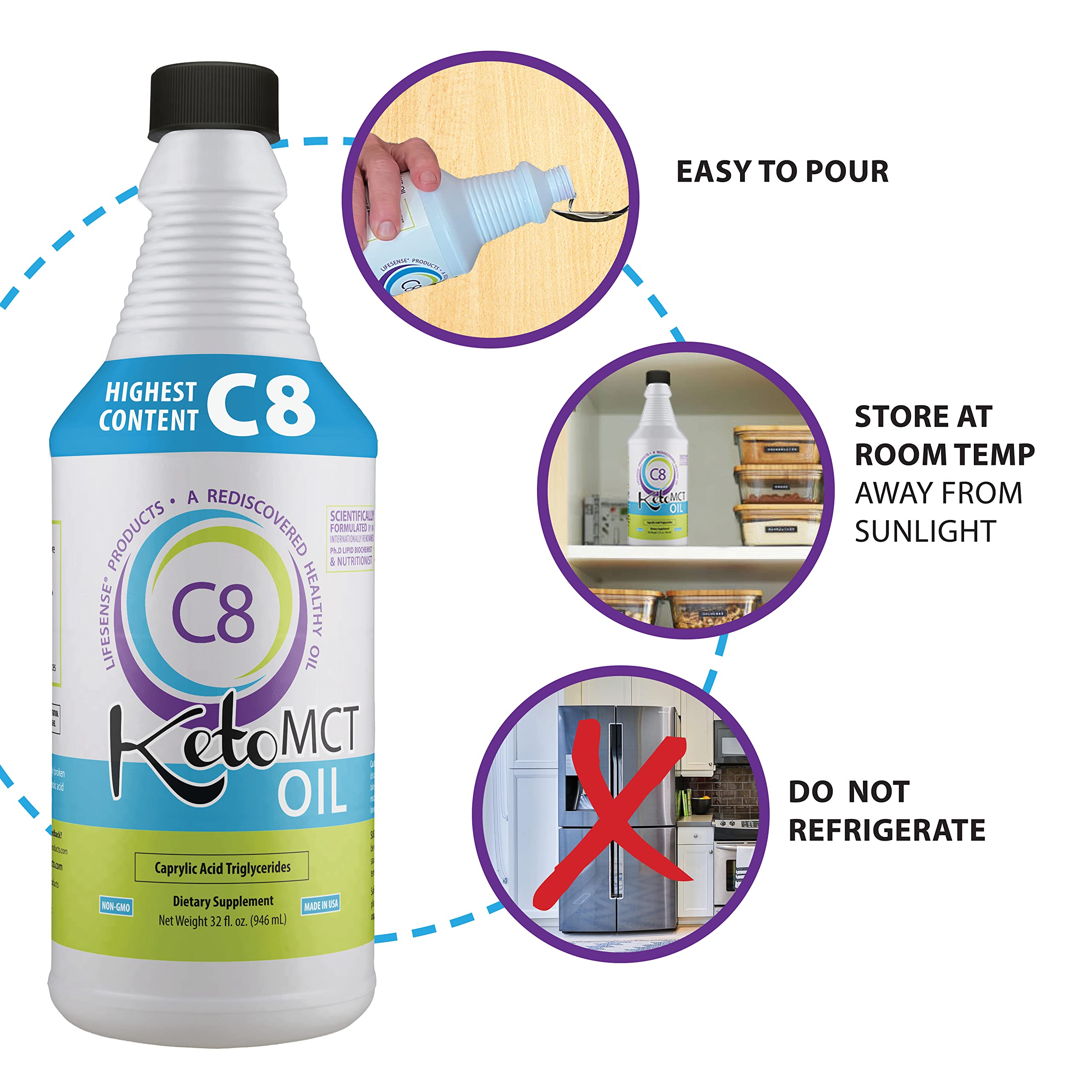 LifeSense C8 MCT Oil packaging emphasizes vegan, non-GMO formulation and quality.