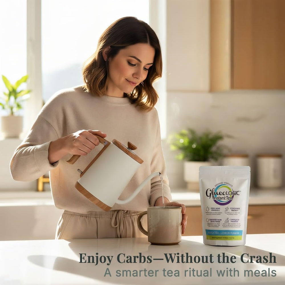 LifeSense GlucoLogic tea cup with brewed infusion supports steadier energy after meals.