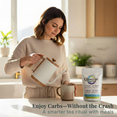 LifeSense GlucoLogic tea cup with brewed infusion supports steadier energy after meals.