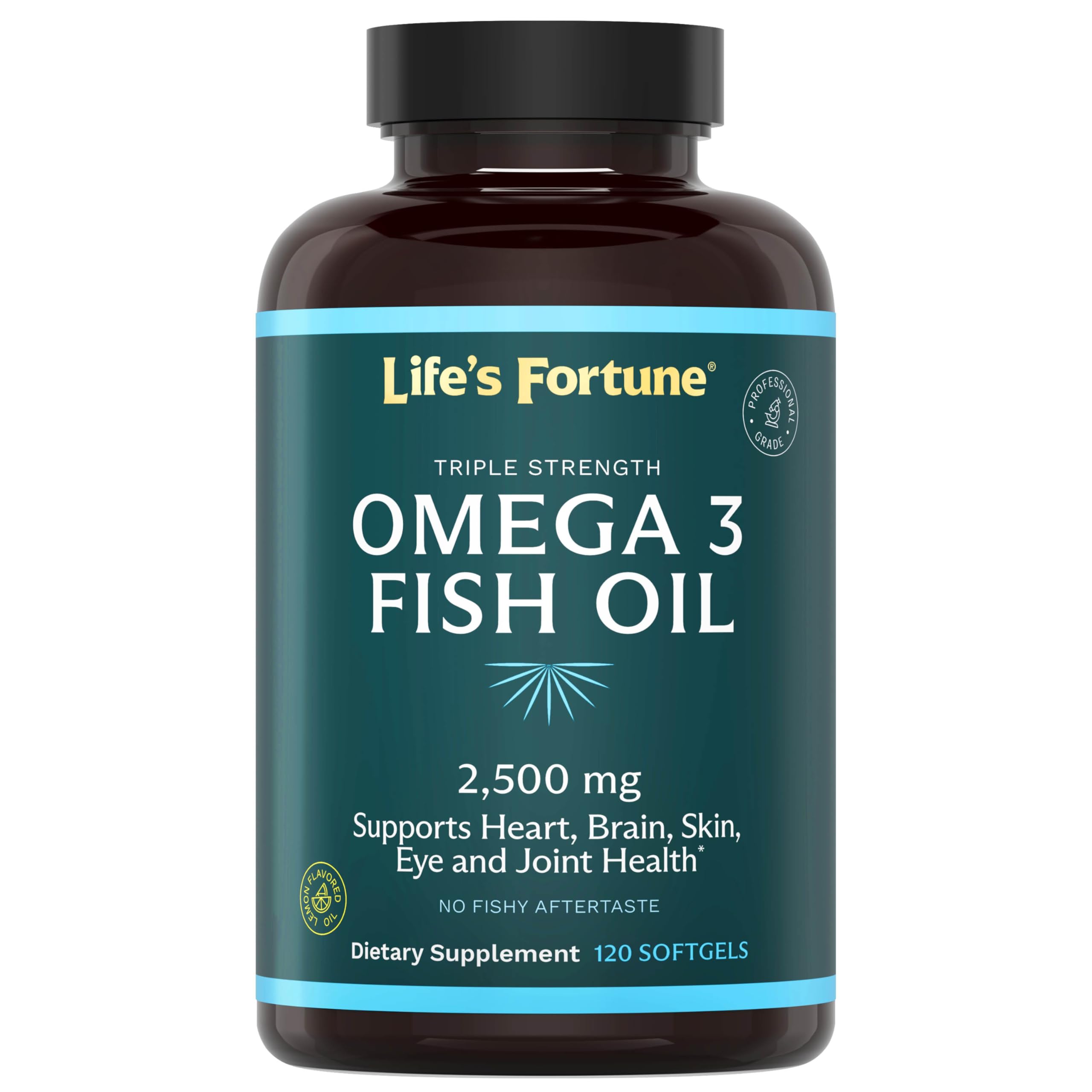 Life's Fortune fish oil bottle highlighting high-potency omega-3 for heart and brain support