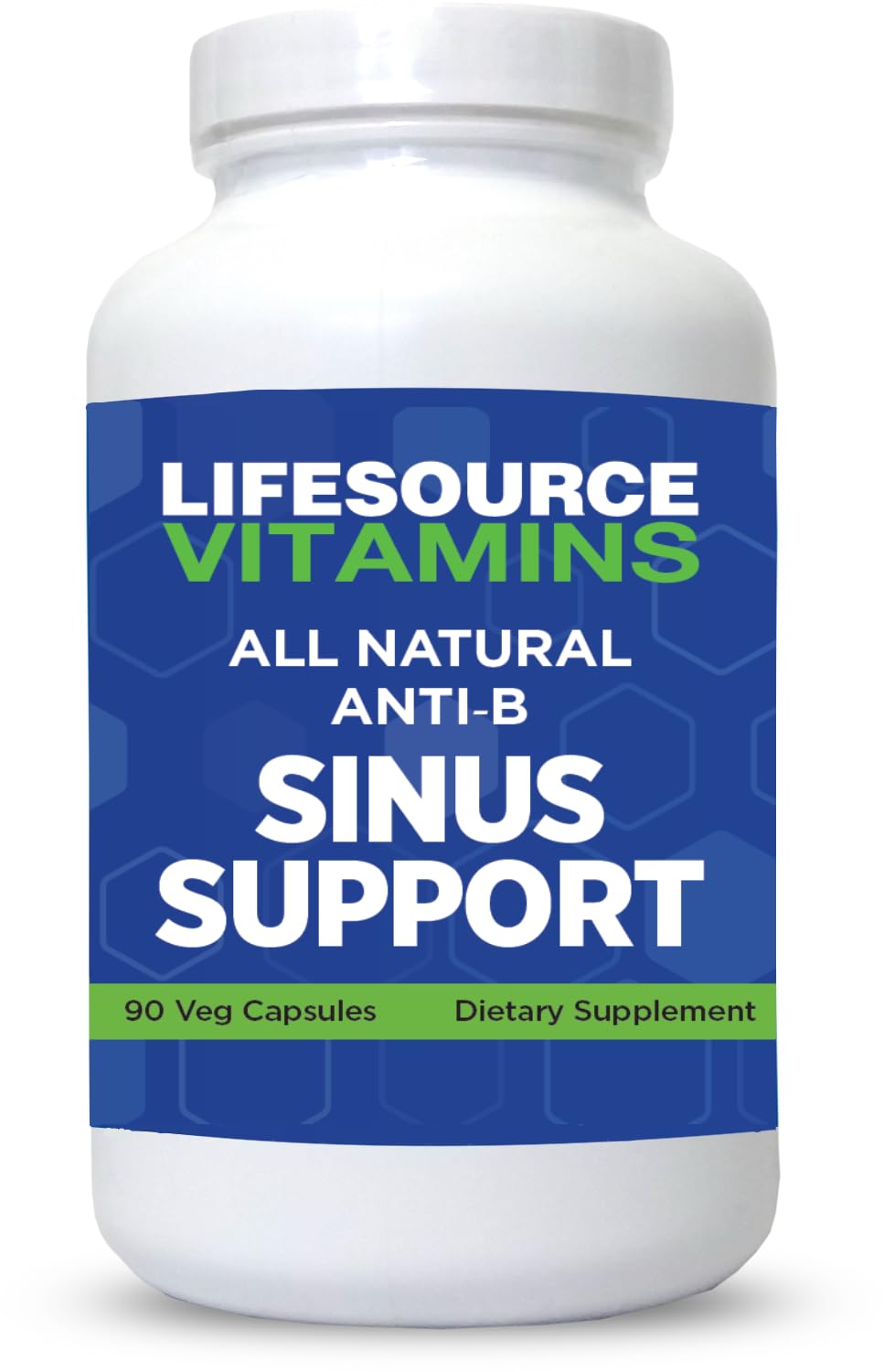 LifeSource Vitamins Anti-B Sinus Support bottle label, showcasing 14 natural ingredients for nasal relief.