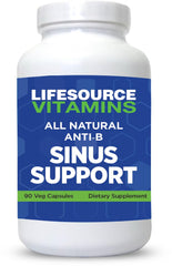 LifeSource Vitamins Anti-B Sinus Support bottle label, showcasing 14 natural ingredients for nasal relief.