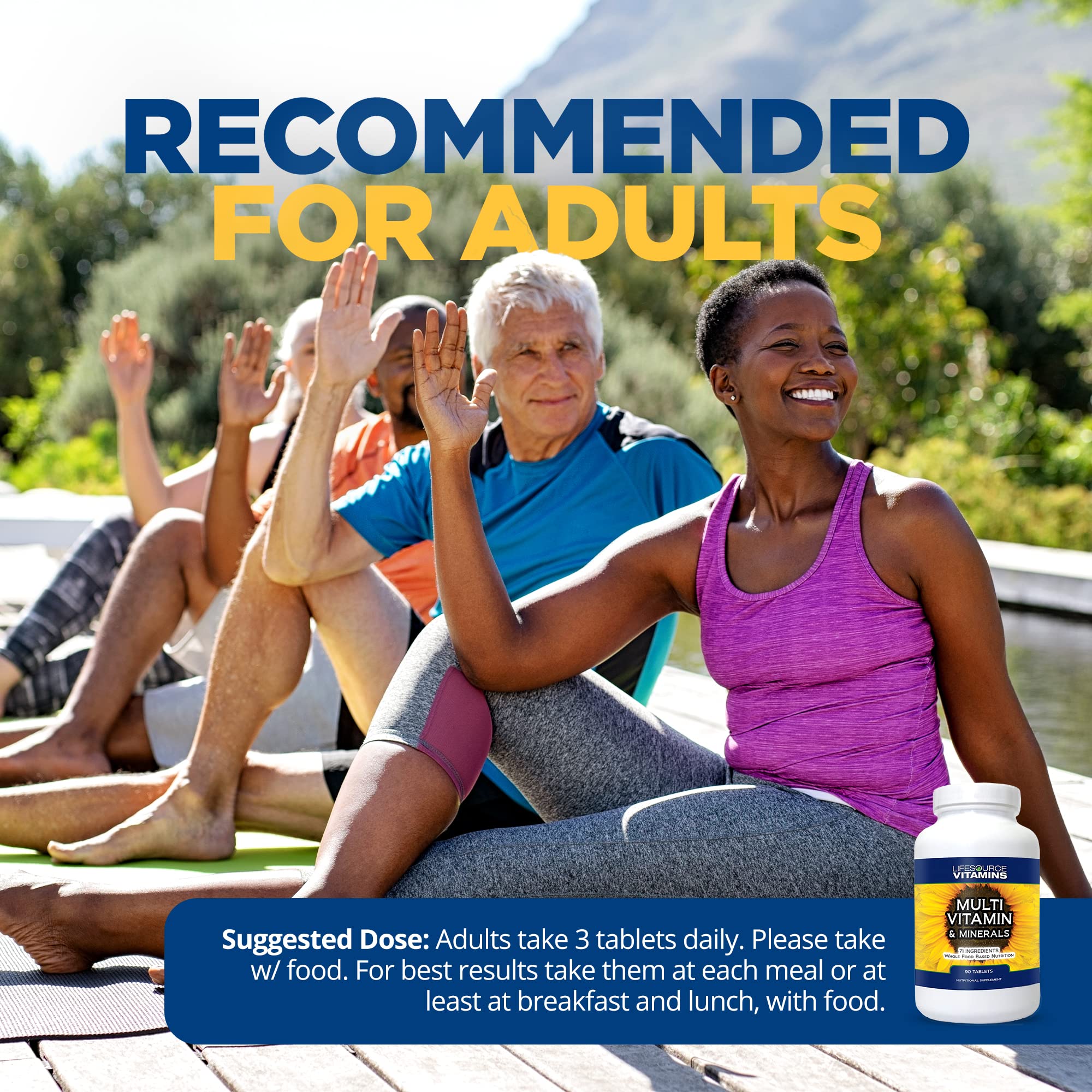 LifeSource Vitamins daily-use visual highlights non-GMO plant-based multivitamin benefits.