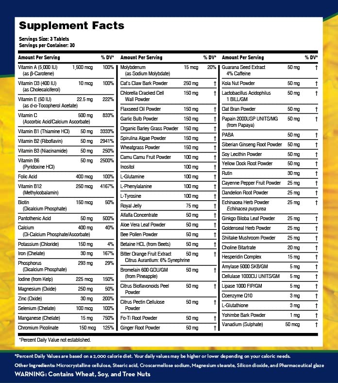 LifeSource Vitamins label close-up highlights 71 ingredients and probiotic enzymes.