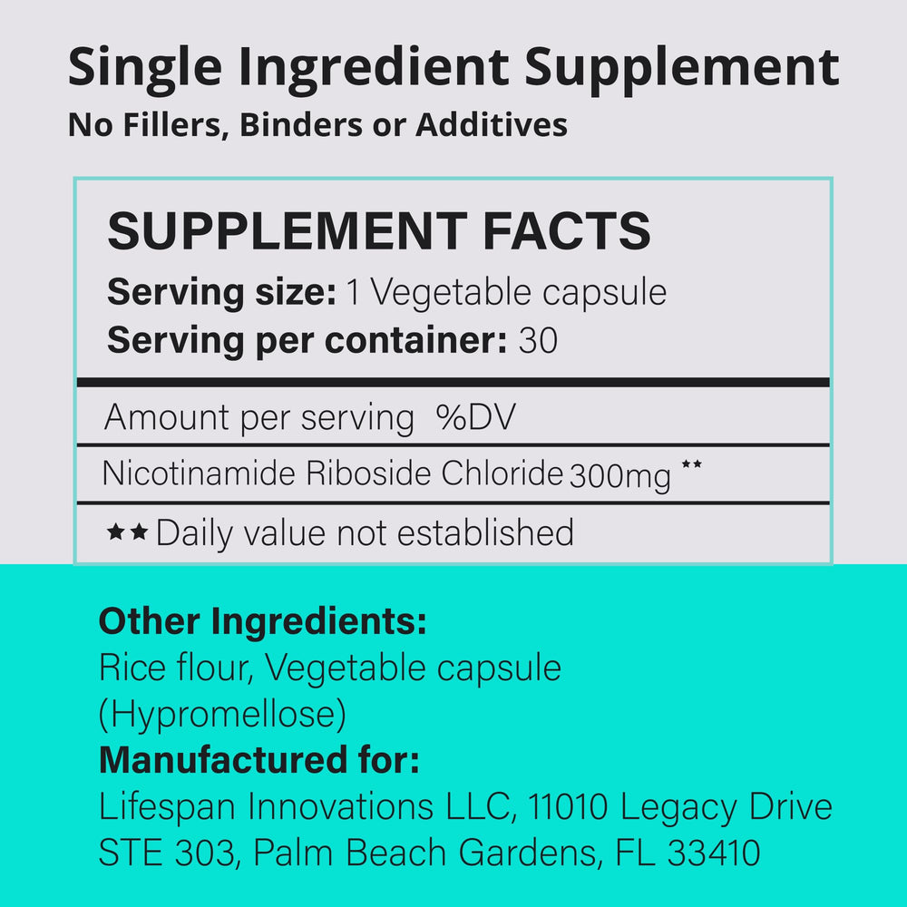 Lifespan Innovations Pure NR bottle with pill row suggests consistent dosing